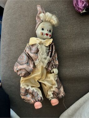 Porcelain Clown Doll in Pink and Cream Costume